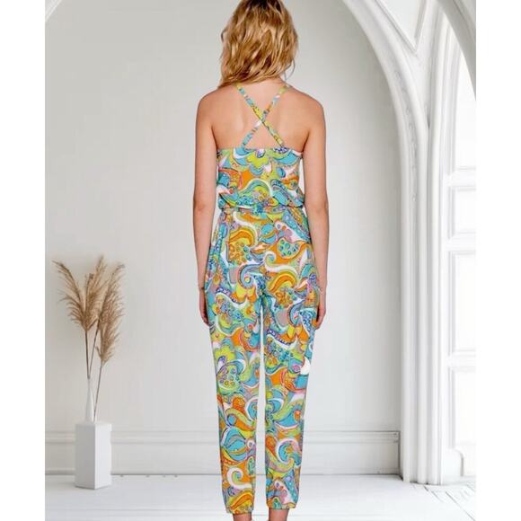 Trina Turk Cosmos Jumpsuit Womens XS CoverUp Vibrant Funky Colorful Green Aqua - Picture 8 of 10